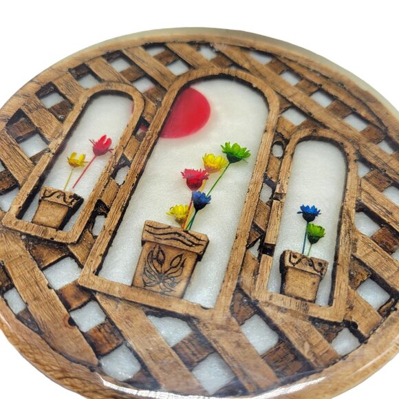 Vintage Handcrafted Floral Resin Trivet With Lattice Design 5" - Picture 5 of 8